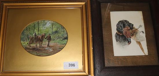 An R. Watson watercolour of a gun dog with a pheasant and a watercolour of a Carter, 17 x 12cm and 13 x 17cm